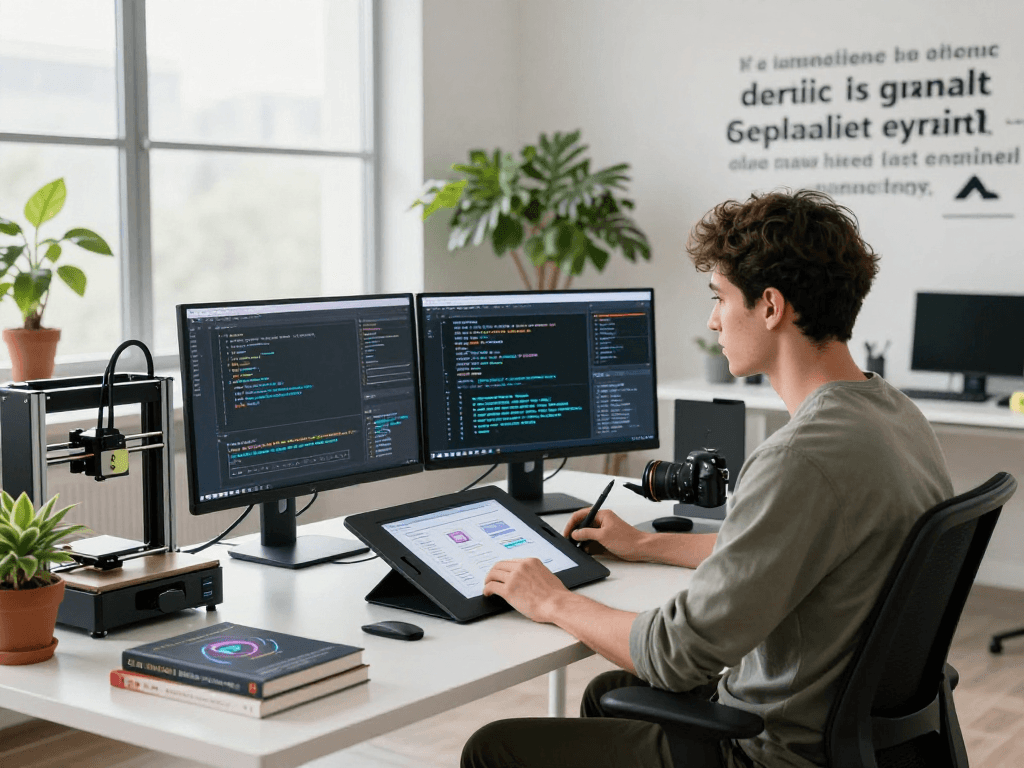 Software developer using Juicy ai tools in a modern workspace, showcasing innovative coding technology and a vibrant environment.