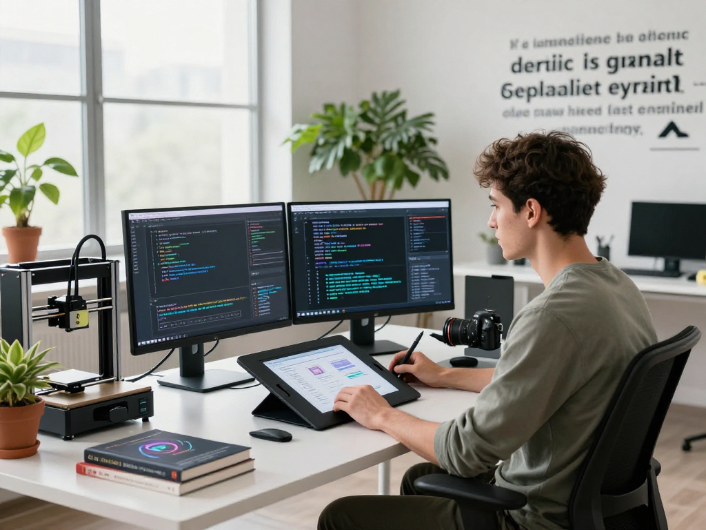 Software developer using Juicy ai tools in a modern workspace, showcasing innovative coding technology and a vibrant environment.