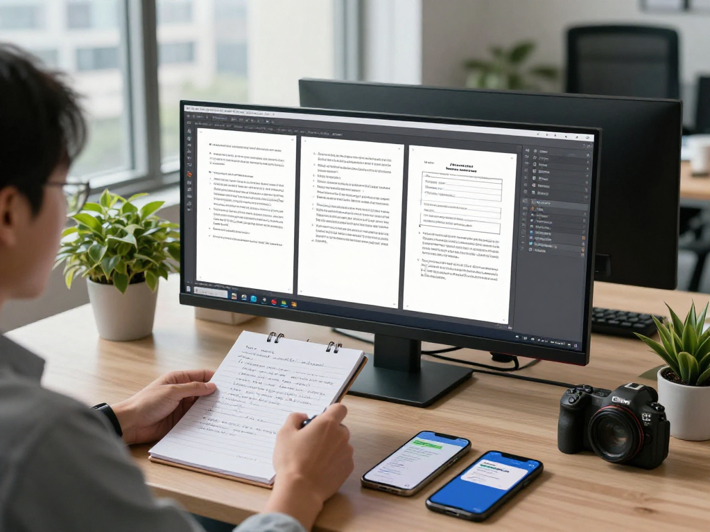 Workspace for document fraud detection analysis with compliance expert examining digital documents and forensic software.