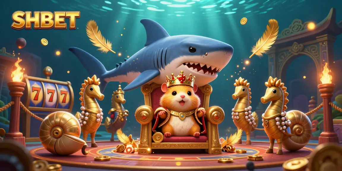 Engage with SHBET's vibrant casino scene featuring a golden hamster king, seahorse guards, and dazzling game elements.