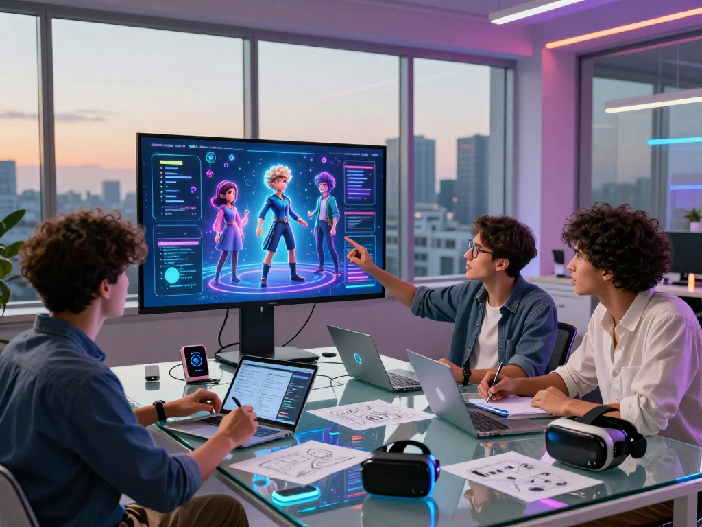 Creative team collaborating on AI characters, showcasing cutting-edge sluts ai technology in a modern workspace.