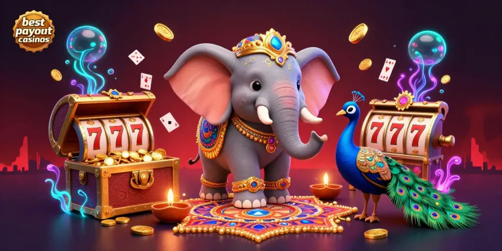 Engage with the best payout casinos featuring a colorful 3D scene of wealth and vibrant energy.