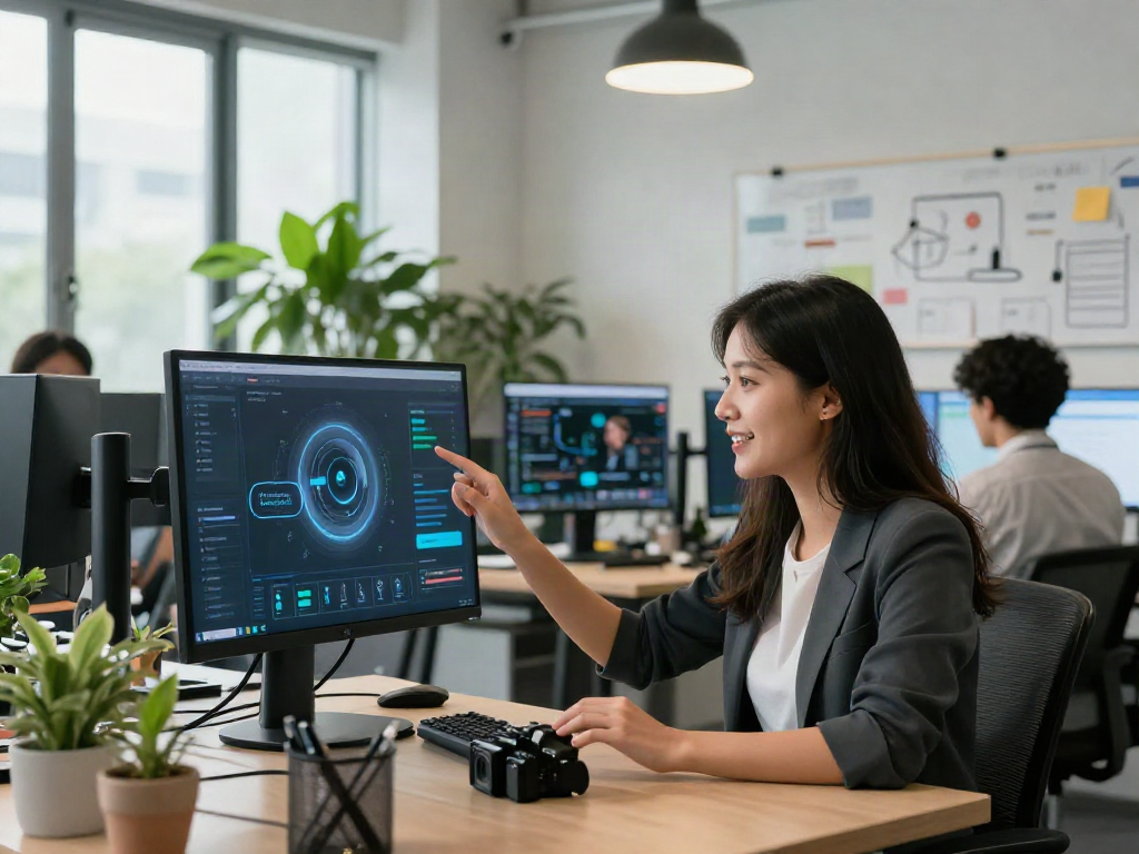 Your future AI GF: A woman engaging with AI technology in a vibrant office.