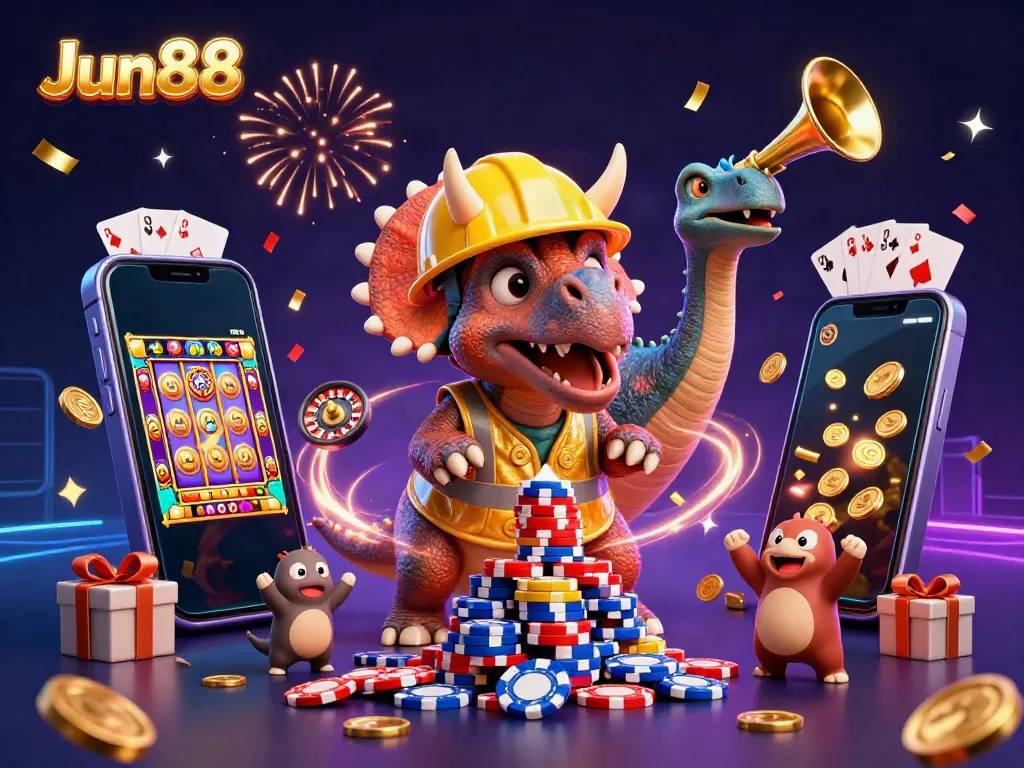 Experience thrilling victories at Jun88 with vibrant casino elements and animated characters celebrating.