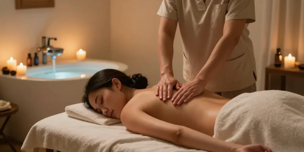 Intimate erotic massage setting in a soft-lit room emphasizing relaxation with essential oils.