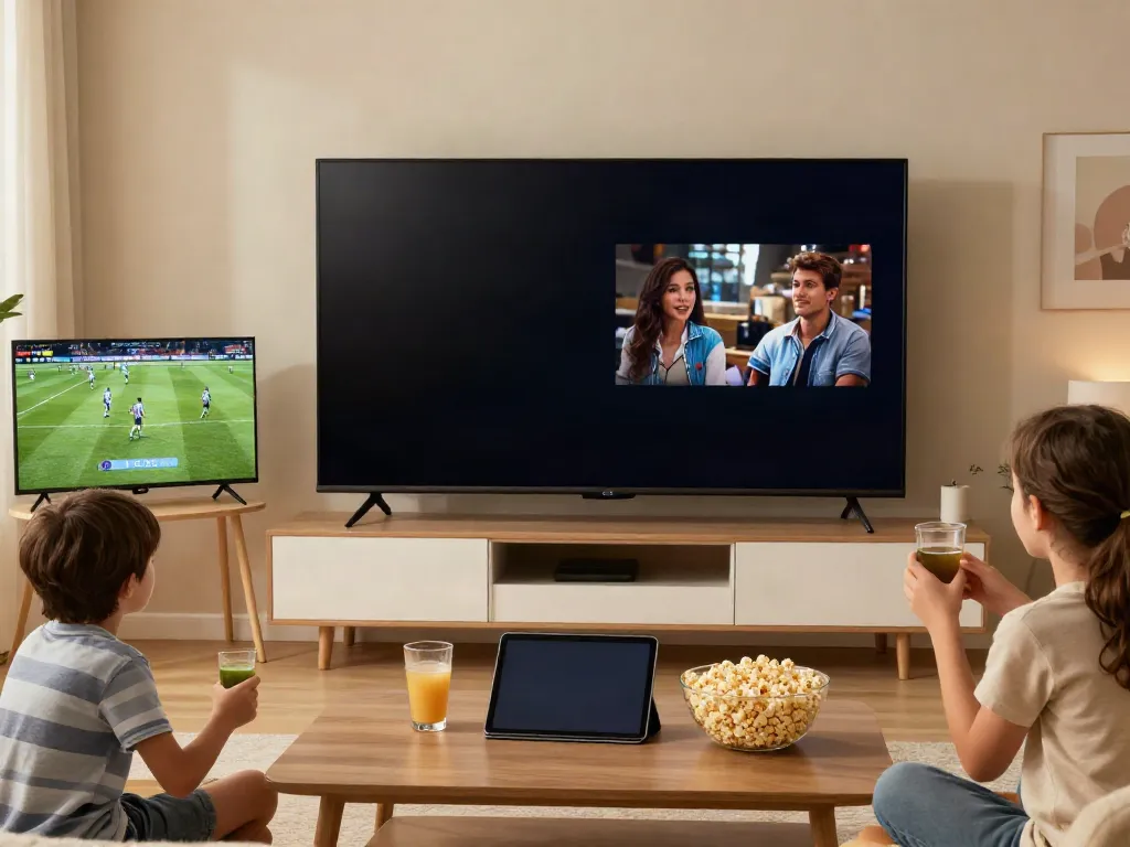 Family enjoying test IPTV on a large screen in a cozy living room.