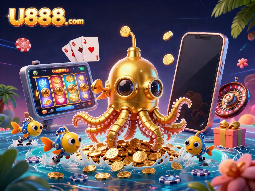 Engage in thrilling games at U888. com with an adventurous kraken surrounded by coins and gaming elements.