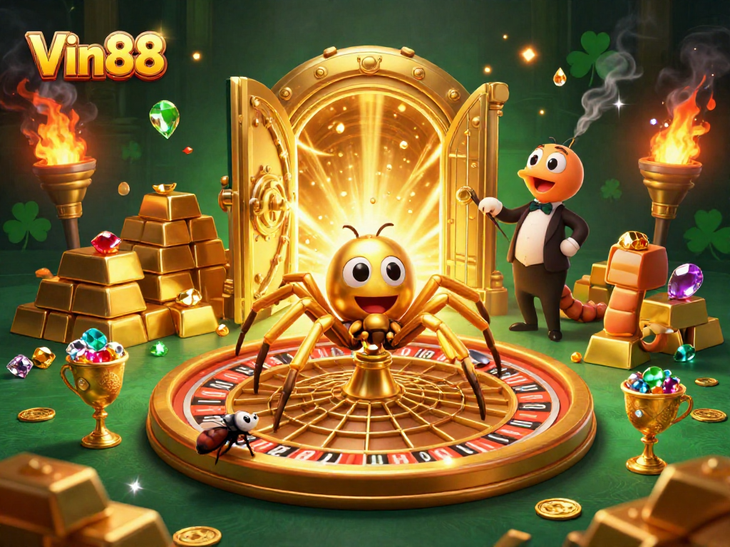 Win big at Vin88 with an exciting casino illustration featuring engaging games and vibrant characters.