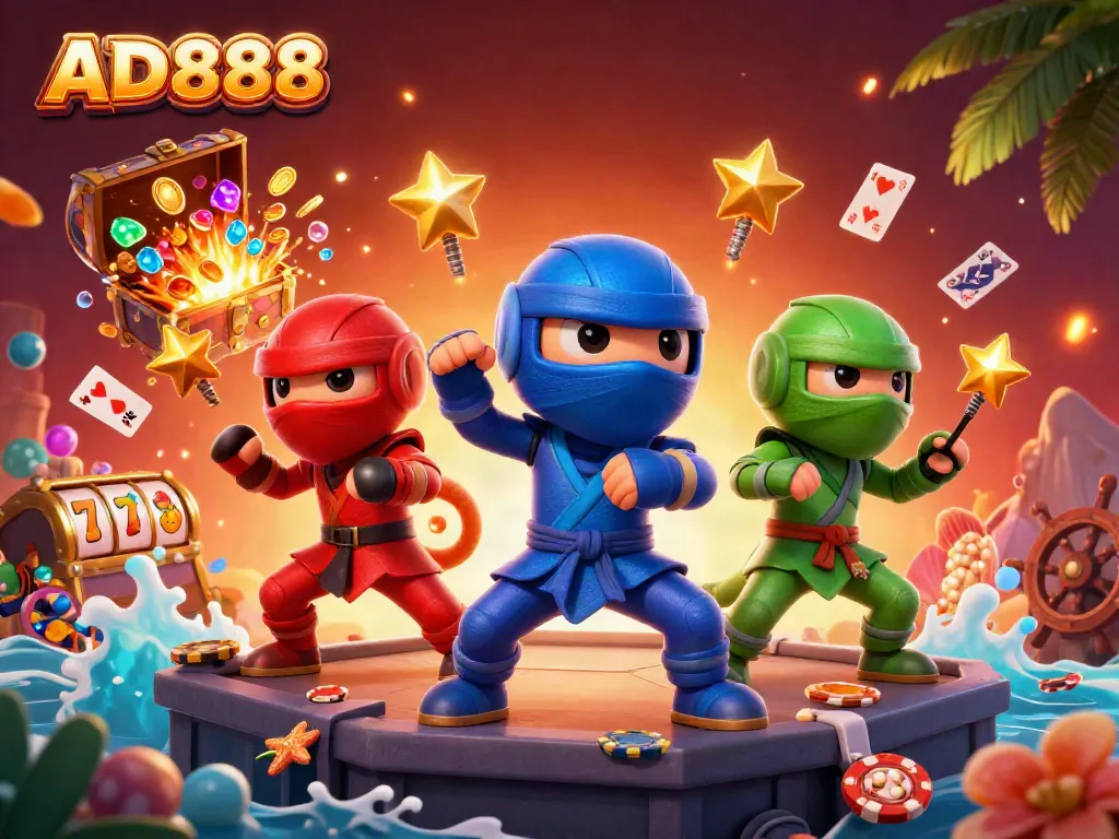 Engage with AD888 as chameleon ninjas showcase casino excitement with vibrant slots and treasures.